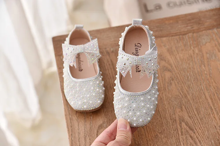 New Girls Single Princess Shoes Pearl Shallow Children's Flat Shose Kid Baby Bowknot Shoes 2022 Spring Autumn B207
