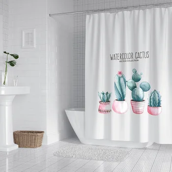 

Nordic Style Cactus Printing Polyester Shower Curtain Waterproof Mildew Bathroom Partition Curtain Personalized Home Accessories