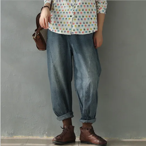 2020 Spring Jeans Women Retro Elastic Waist Loose All-match Denim Pants Ladies Casual Spliced Bleached New Trousers | Женская одежда