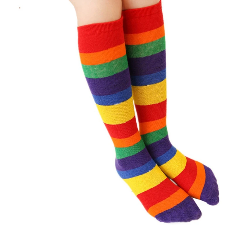 Осенние радужные носки разных цветов полосатый для детей носки до колена для маленьких девочек От 2 до 10 лет - Цвет: Многоцветный