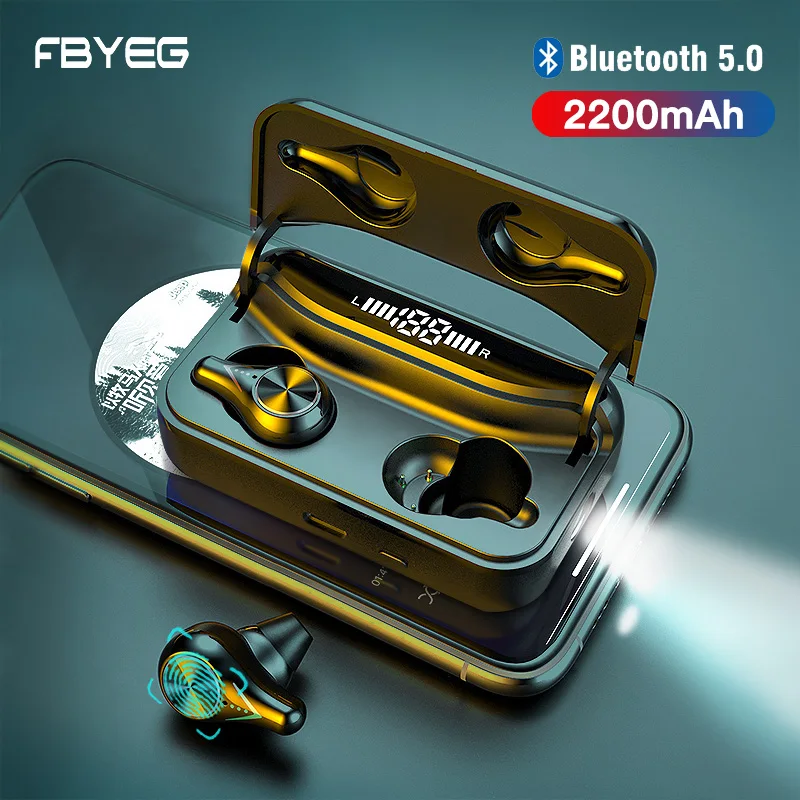 FBYEG TWS Wireless Bluetooth Earphones Stereo Bass Sports IPX6 Waterproof Headsets 2200mAh Charging Case Earbuds With Microphone
