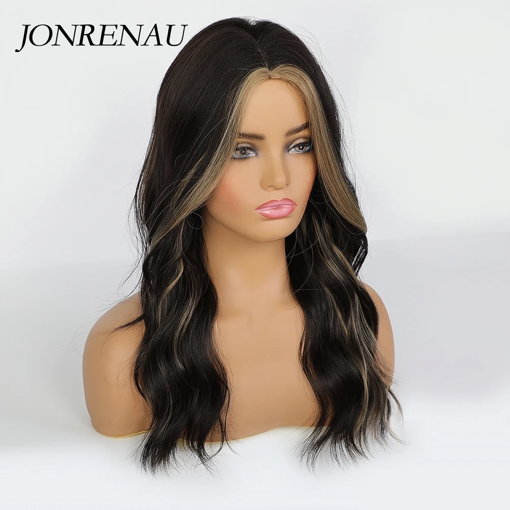 JONRENAU Middle Part Black Brown Wigs with Highlights for Black Women Afro Natural Wave Synthetic Hair Cosplay Party Daily wig