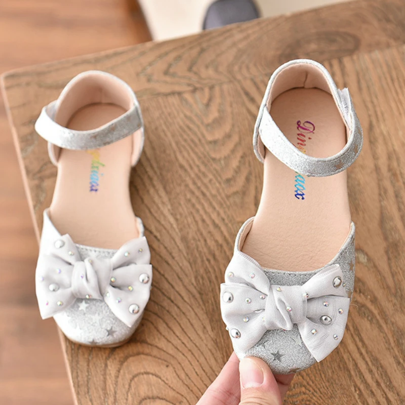 ULKNN Toddler Leather Sandals Bow-knot Rivets Shoes For Girls Princess Party Shoe For Dress Baby Infant Footwear Silver