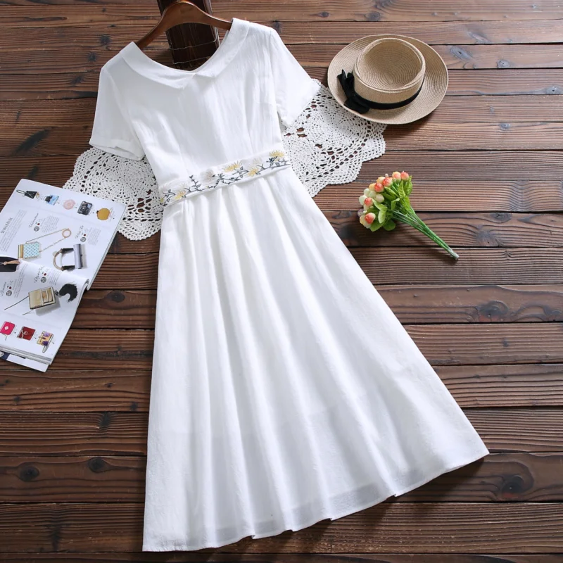 

Female White Summer Dress Women V-neck Short Sleeve Flower Embroidery Cotton and Linen Vintage Dresses Solid Color