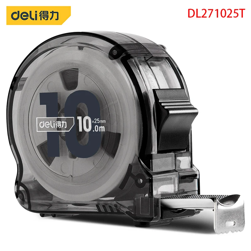 Deli DL271025T Transparent Steel Ruler Measuring Tools Carbon Steel Tape Specification: 10mx25mm Transparent Tape Measure Shell