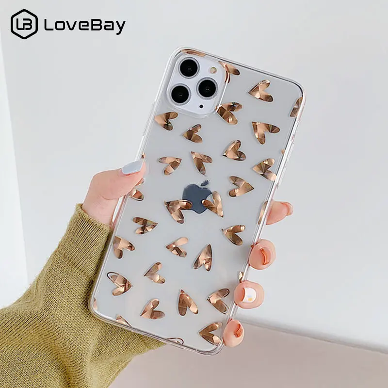 Lovebay прозрачное покрытие Love Heart чехол для телефона для iPhone 7 8 Plus 11 Pro X XR XS Max блестящие листья твердый пластиковый чехол на заднюю панель