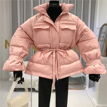 Женский пуховик из толстого хлопка, женская зимняя мода, зимняя женская куртка, пояс для парки, высокая уличная молния, оранжевый, розовый