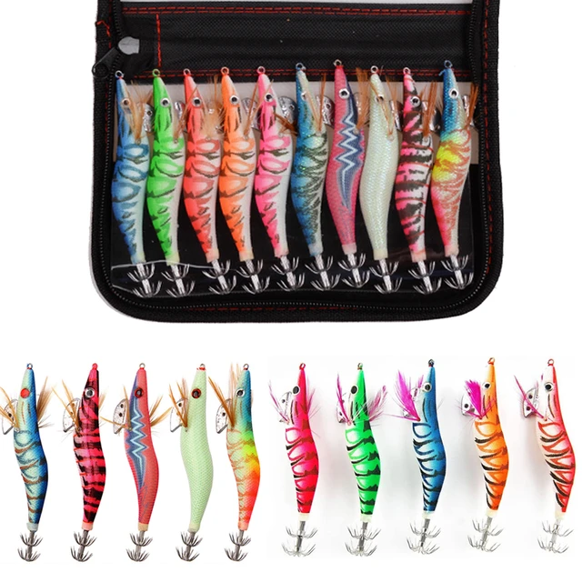 10PCS Fishing Lure Bag Squid Hook Jigs Octopus Cuttlefish Shrimp Baits 3D  Eyes Lures