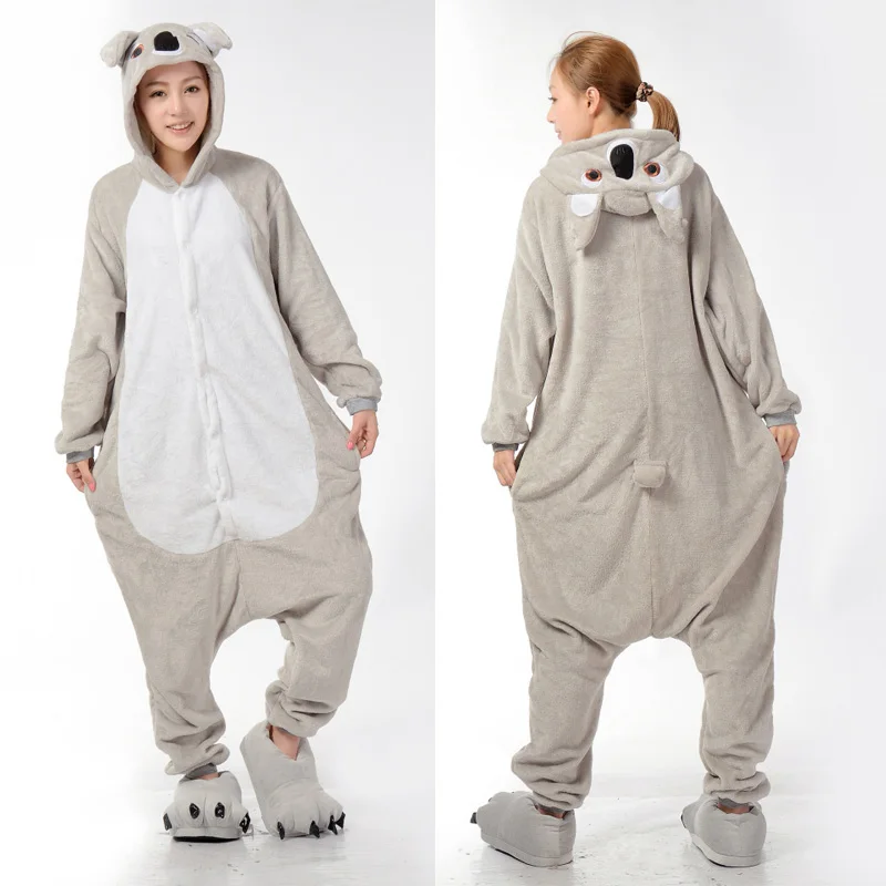 Gray koala Зимняя пижама в виде животного для взрослых, набор, мультяшная Пижама, пижама с единорогом, Ститч, Акула, кигуруми, для женщин и мужчин, Фланелевое белье с капюшоном - Цвет: Gray koala