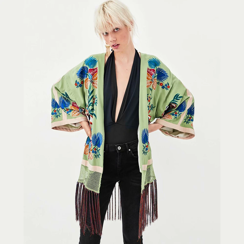 

2019 Women's Kimono Embroidered Cardigan Fringe Garment Kimono Coat Deep V-neck Satin Floral Print Chinese Style Kimono