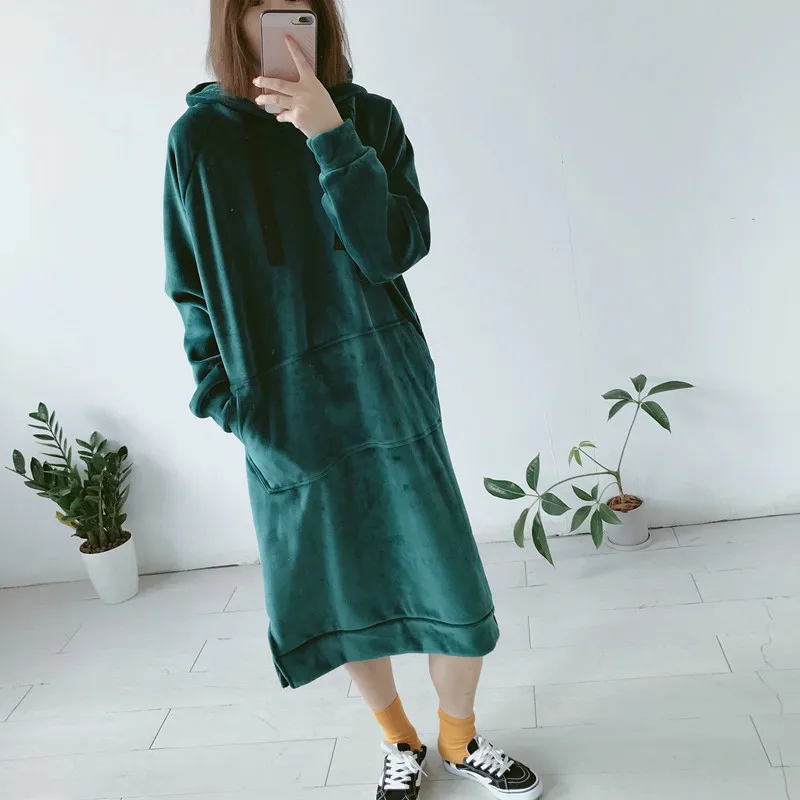 

Over-the-Knee Hoodie Skirt Autumn And Winter 2018 New Style Loose-Fit Slimming plus Velvet Thick-Double-sided Plush Gold Velvet