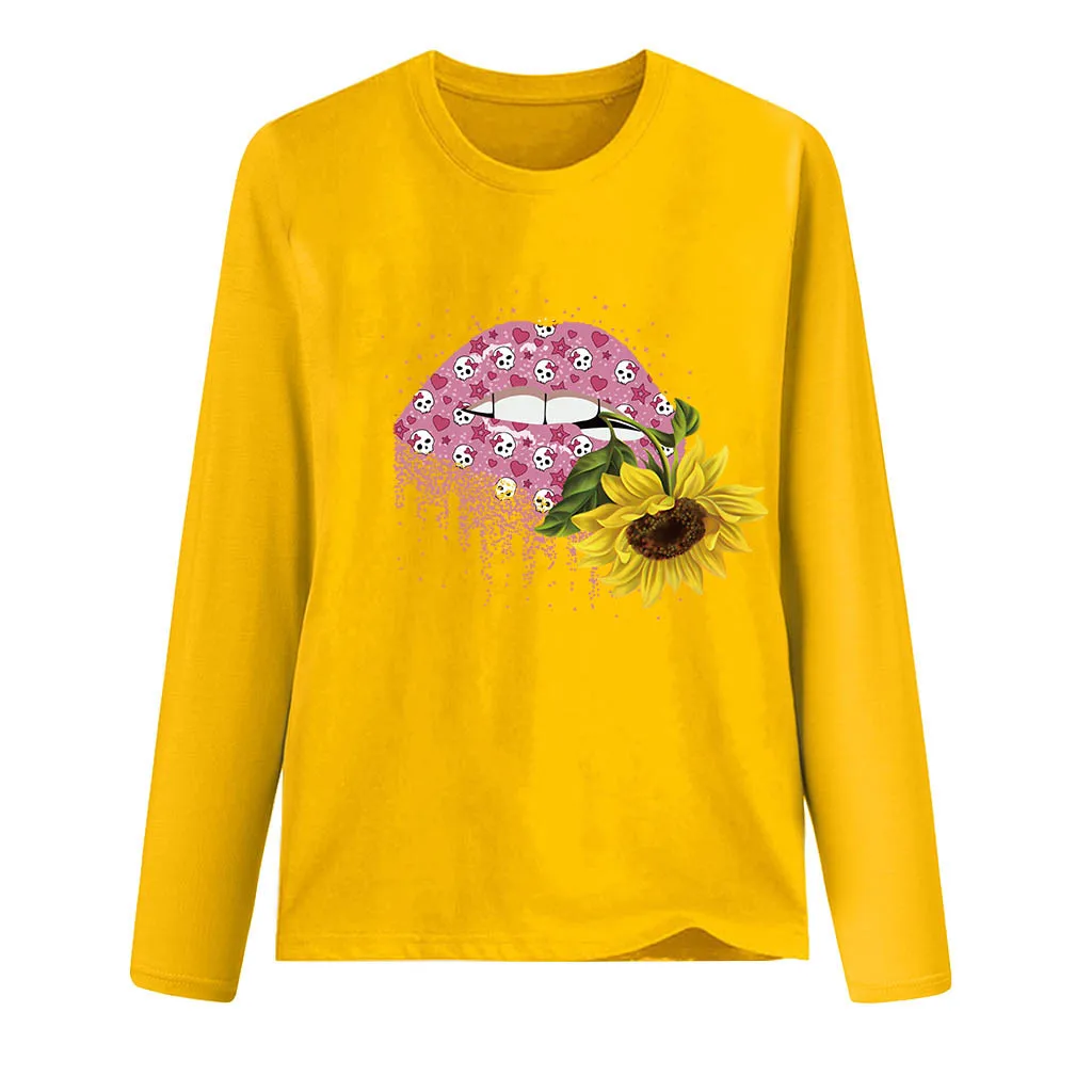 Yellow Рубашка с подсолнухом, большие размеры, женская рубашка с длинным рукавом и принтом, Женская Повседневная Свободная футболка с круглым вырезом, женские топы, осенняя женская футболка - Цвет: Yellow