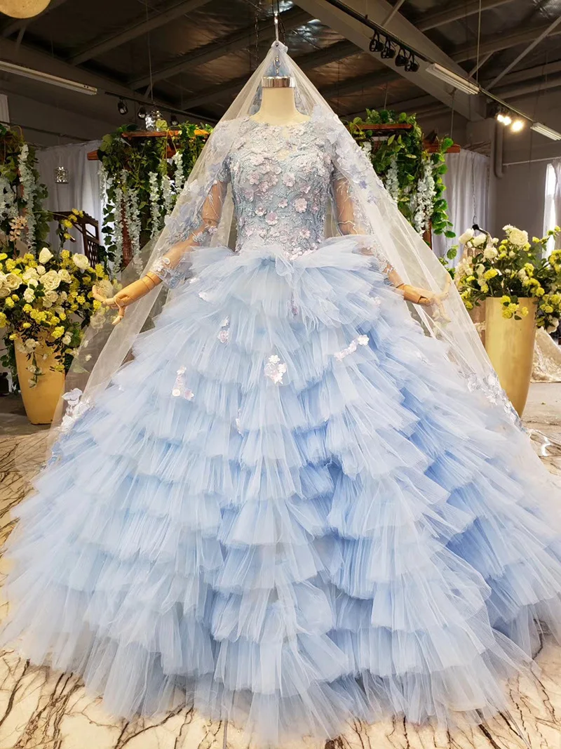 

Light Blue Ball Gown Ruffles Prom Dresses 3D Flowers Long Sleeves Evening Gowns Middle East Formal Dresses Elegant Vestidos 2020