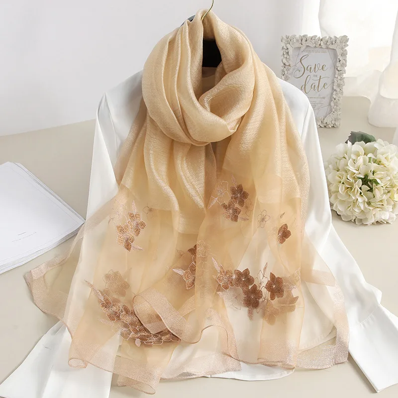 S - 34 beige Брендовый летний легкий тонкий шелково-шерстяной шарф женский длинный шаль солнцезащитный крем для женщин бандана Цветочная вышивка шарфы для девушек мягкие палантины - Цвет: S - 34 beige