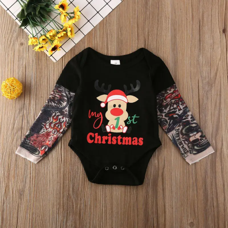 My First Christmas/Боди для маленьких мальчиков и девочек; комбинезоны с длинными рукавами и принтом тату; боди; Рождественская одежда