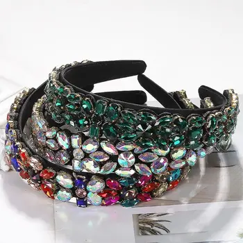 

11 Colors Women Baroque Jewelry Wide Headband Rainbow Hologram Faux Crystal Rhinestone Bandana Non-Slip Teeth Prom Crown