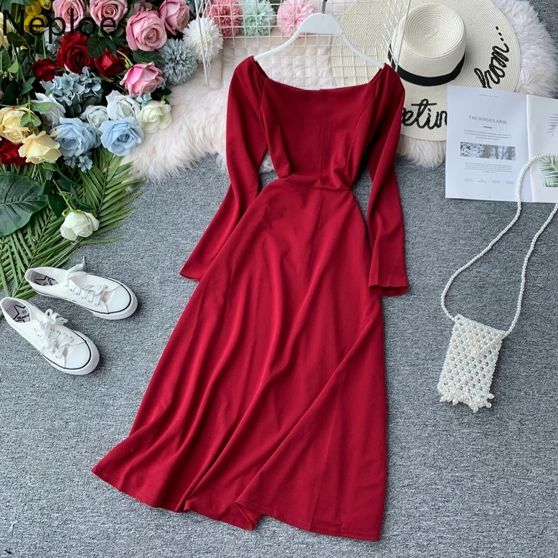 Neploe корейский Тонкий с открытыми плечами низ Vestido патч нерегулярные волны платье с высокой талией элегантный Estidos De Fiesta De Noche осень 45964