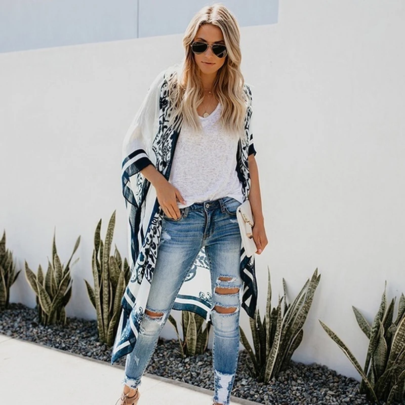 

New Printing Fashion Loose Cardigan Leisure Ponchos Holiday Sun Protection Clothing Blouse Jacket Half SleeveLong Coat Plus Size
