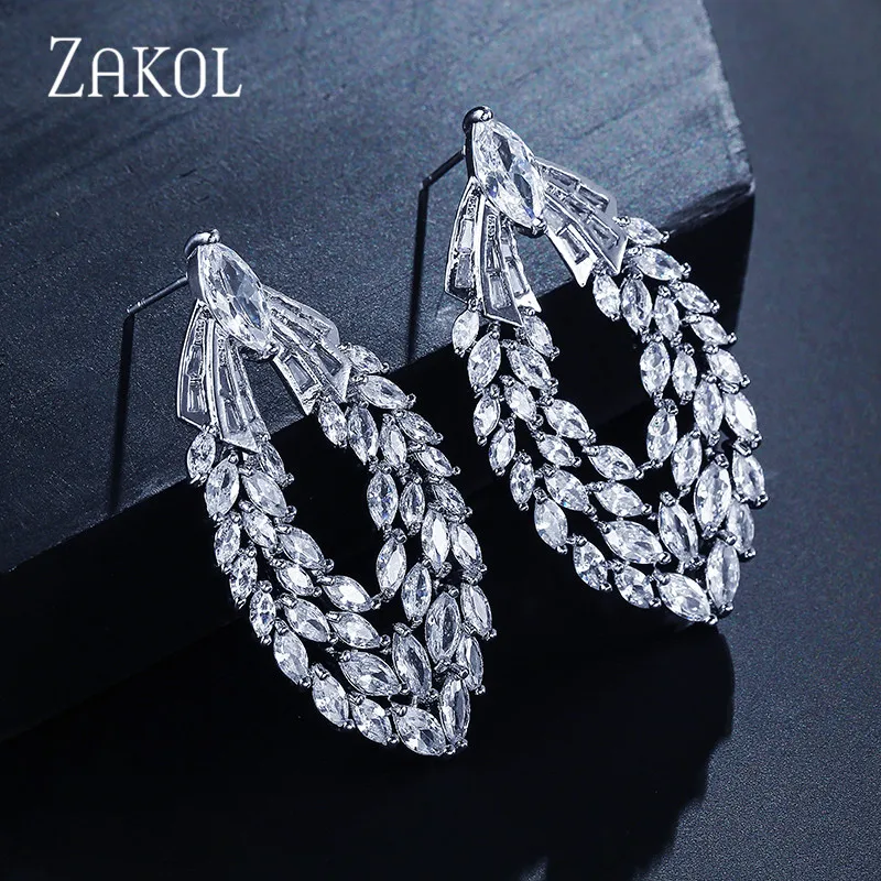 White Роскошные Популярные висячие серьги в виде капель из циркония ZAKOL, женские модные свадебные ювелирные изделия FSEP2123 - Окраска металла: White
