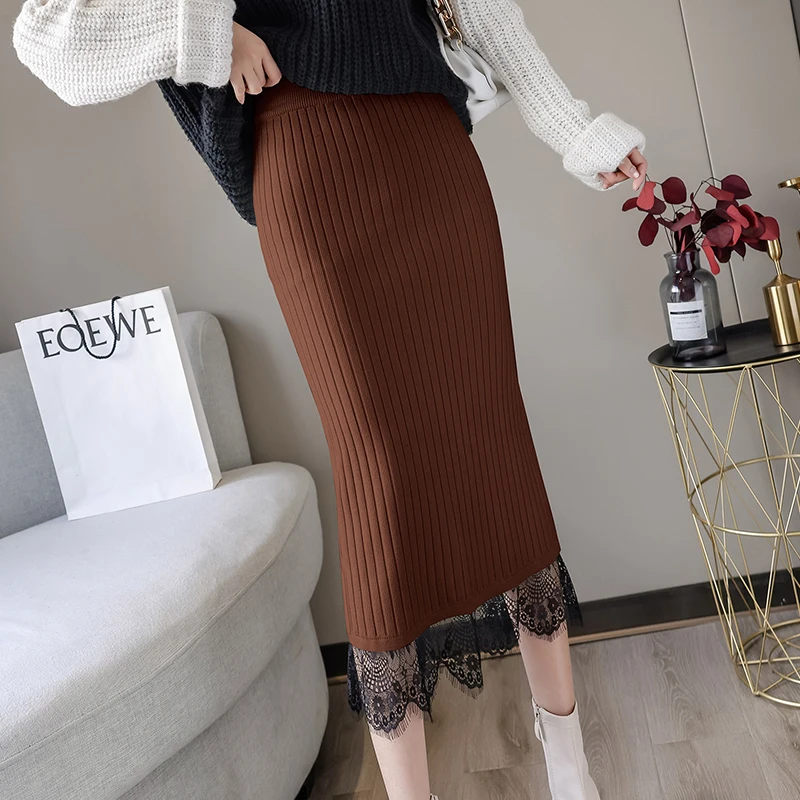 

New Arrival 2020 Autumn Winter Women Fashion Lace Patchwork Knitted Long Skirt Elegant Slim High Waist Split Hem Pencil Skirt