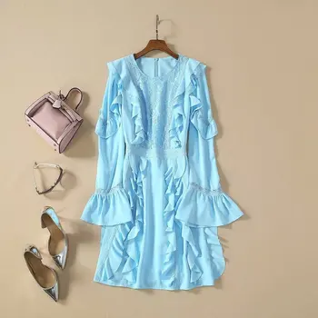 

New 2020 spring summer cute ruffles dress sky blue lace inset designer brand flare sleeve sexy mini dresses