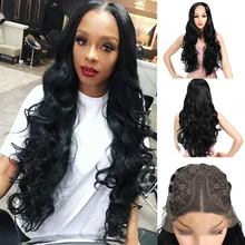 Natifah длинные черные волнистые волосы средство для наращивания волос Синтетические кружевные передние парики 30 дюймов 150% Плотность средняя часть красный коричневый для женщин Косплей