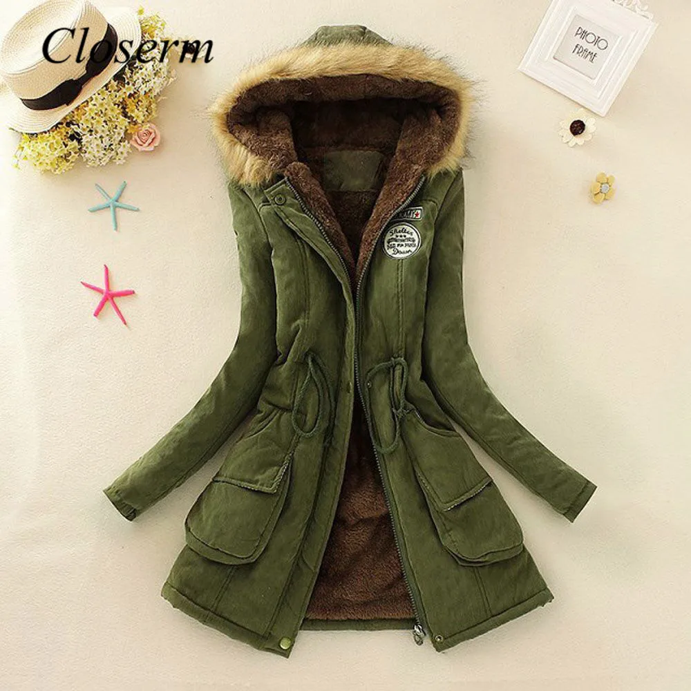 Coat 2019top Women Warm Long Coat Fur Collar Hooded Jacket Winter Parka Outwear