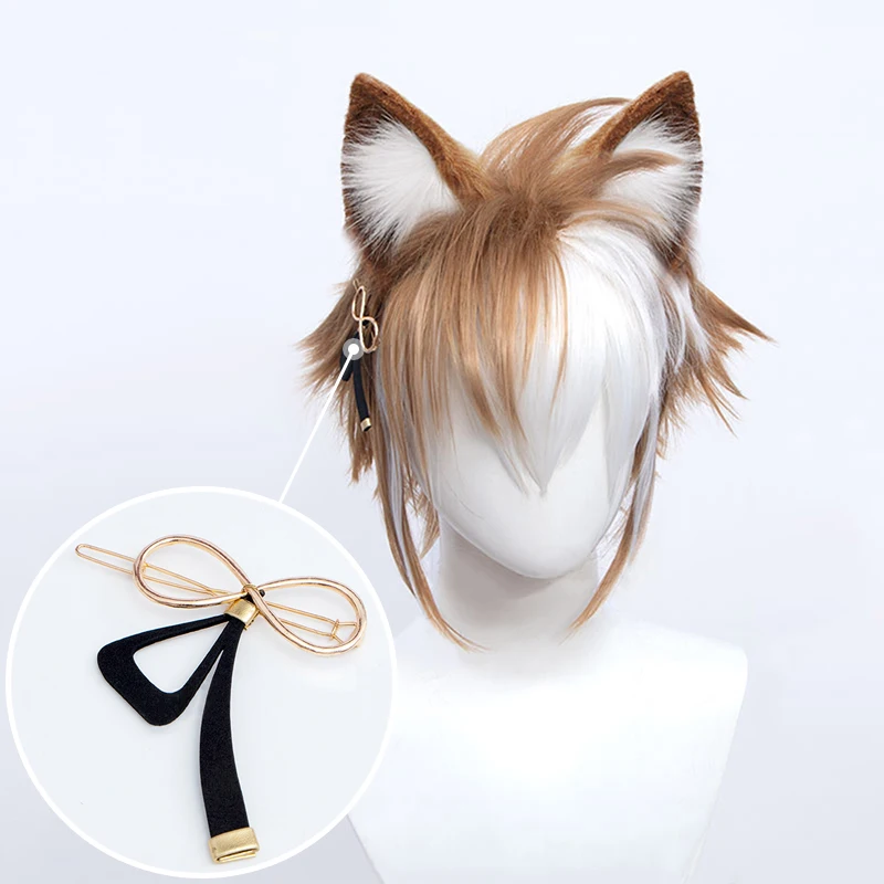 Synthetic Gorou Cosplay Genshin Impact Short Brown Wig Machine Made Cap Clip on Hair Extension Wigs for Men Women Ear Accessory