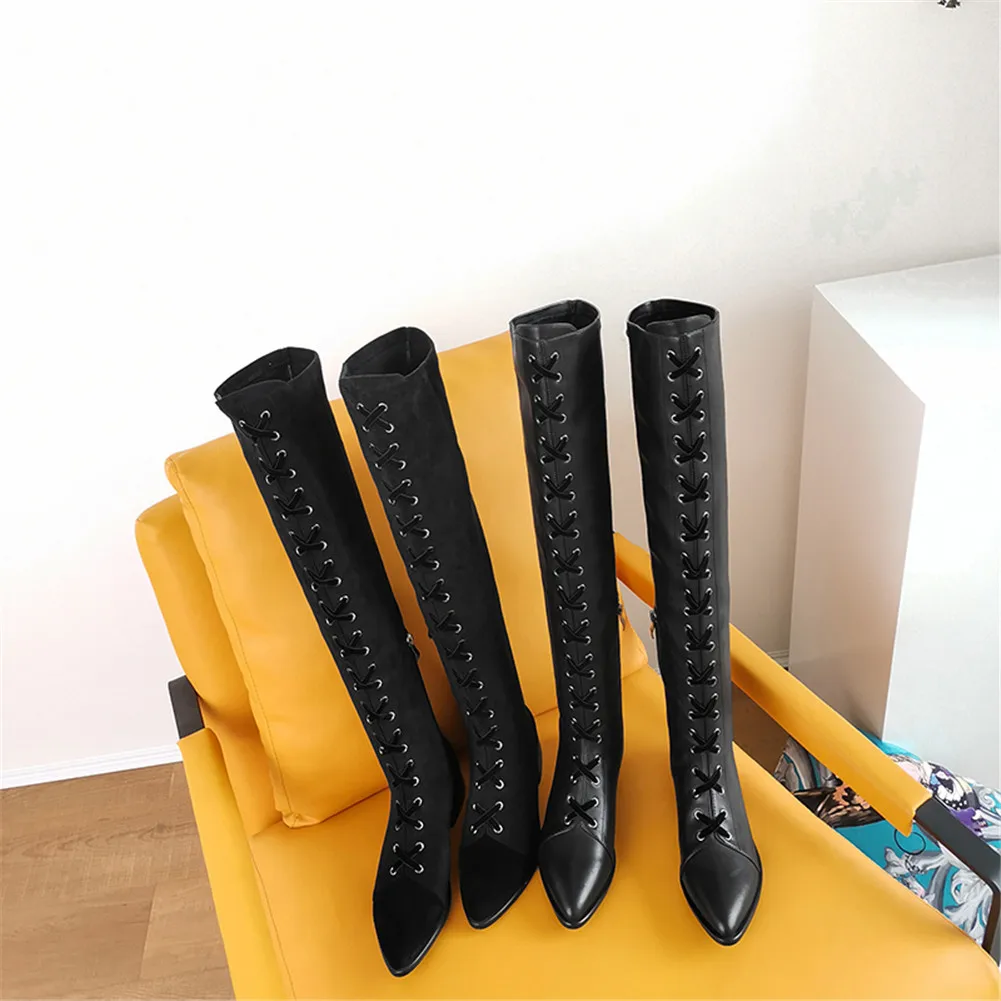 Karinluna Brand Genuine Leather Thigh High Boots Leisure Shoelaces Lady Chunky Heels Women Shoes Woman Over The Knee Boots