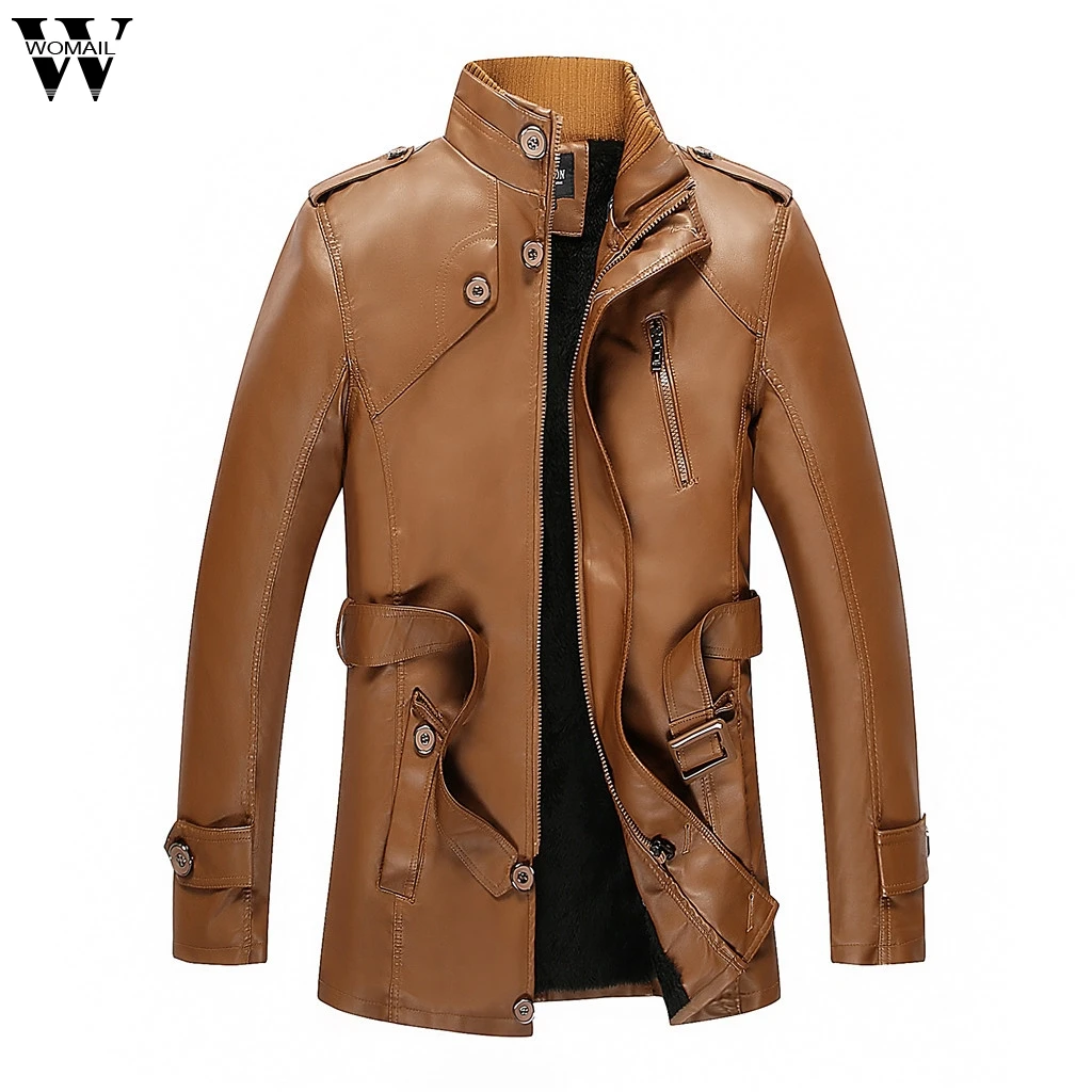

2019 High Quality Men Jacket Autumn Winter Fashion Velveted Zipper Pure Color Imitation Leather Coat Casual Quilted Jackets Men