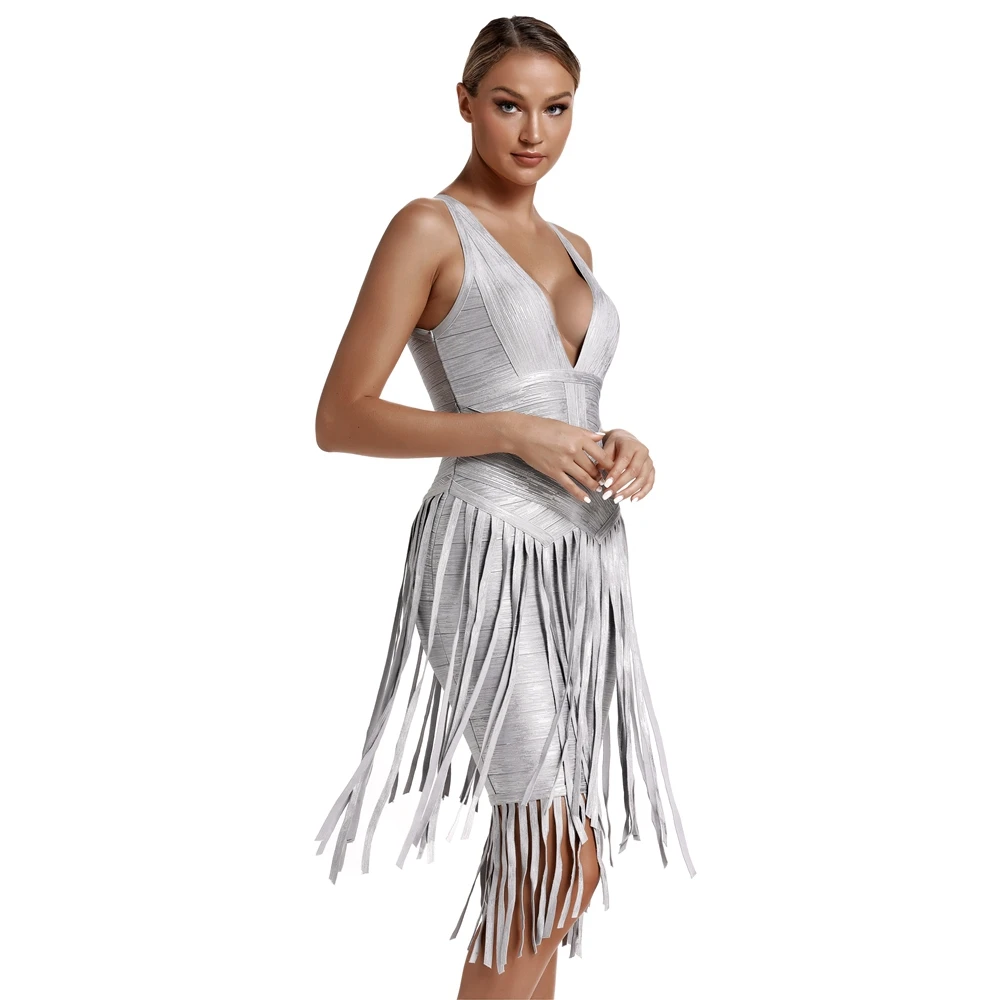 silver metallic fringe dress