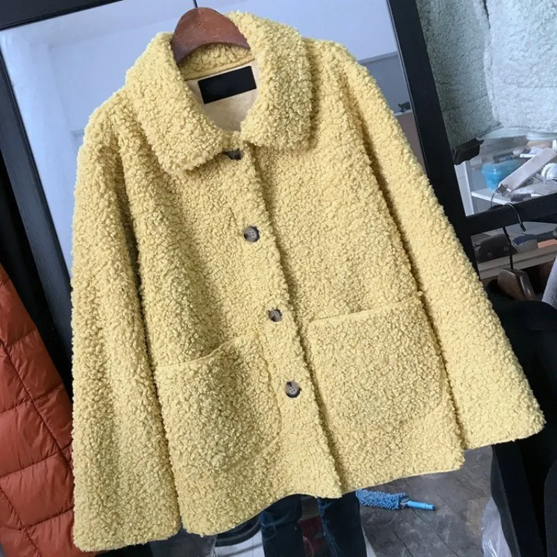 Harajuku пальто из искусственной овечьей шерсти, Женское зимнее свободное однобортное пальто с отворотом, модная верхняя одежда, однотонная теплая куртка розового и синего цвета - Цвет: 2