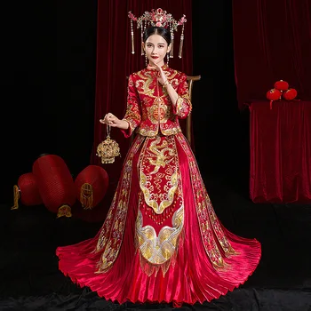 

High Quality Embroidery Add Rhinestone Women Bride Wedding Dress Vintage Button Cheongsam Oriental Classic Tang Suit Vestidos