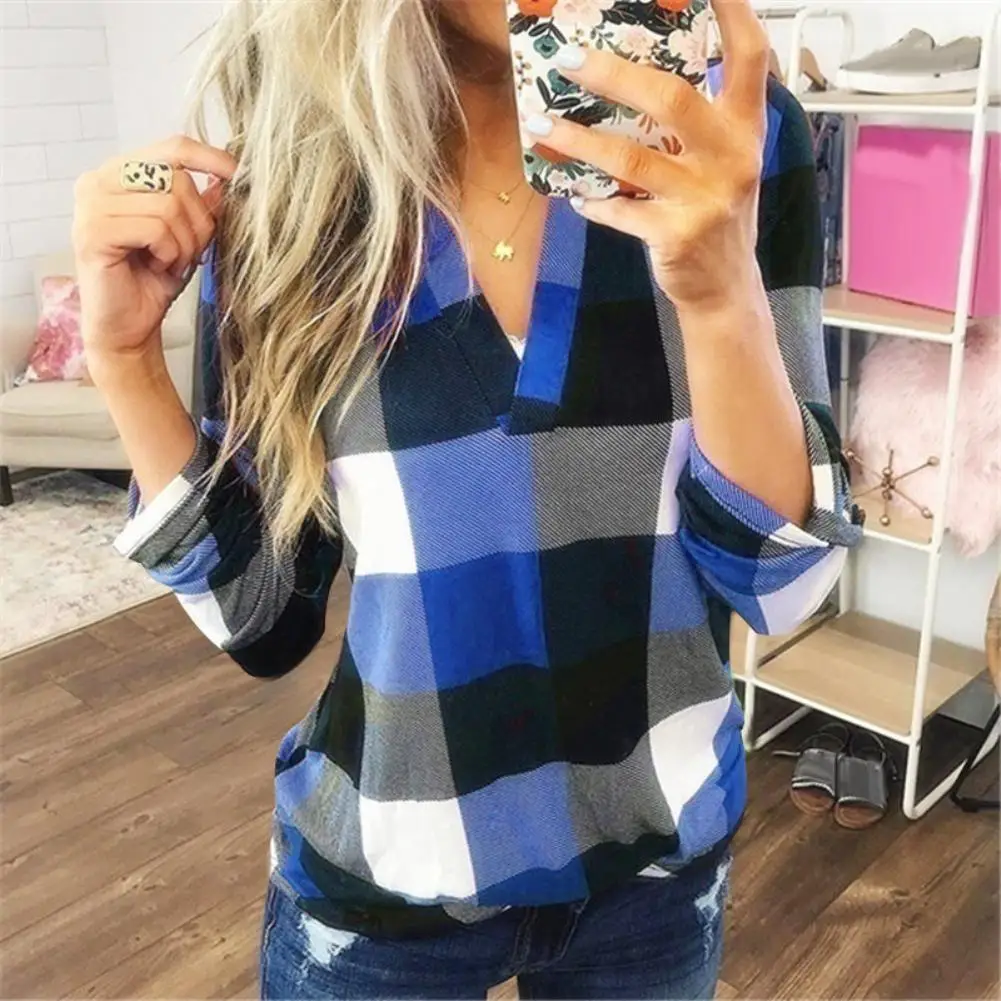 Camisa a cuadros informal para mujer, blusa enrolladas de manga larga con cuello de pico, blusa para señora holgada con estampado de botones, Tops