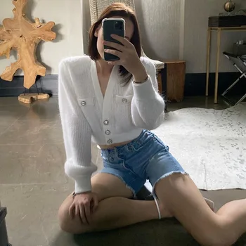 

European and American Style Loose Slimming Fashion All-match Button DecorationVCollar Long-Sleeved Knitted Cardigan Jacket