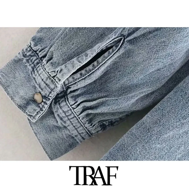 TRAF, женские винтажные стильные кружевные лоскутные джинсовые блузки с оборками, модные женские рубашки с воротником с лацканами и длинным рукавом, блузы, шикарные топы