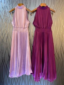 

2020 Spring and Summer New Women's round Neck Plain Decorative Pleated Sleeveless Fitted Long Dress 513