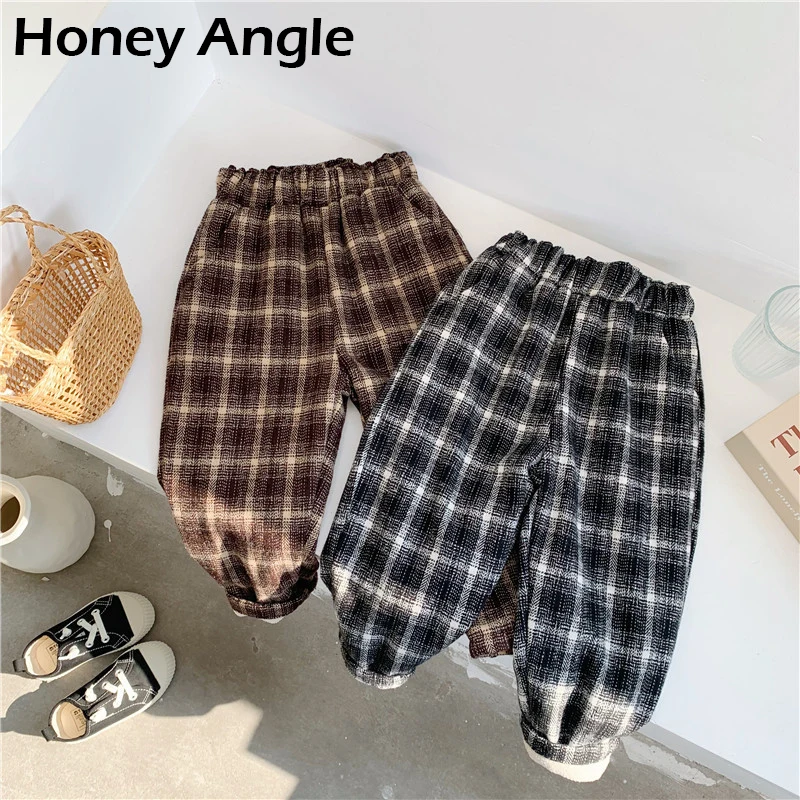 Honey Angle/зимние детские штаны для девочек и мальчиков; детские брюки в клетку; плотные детские штаны в Корейском стиле; Повседневные детские штаны