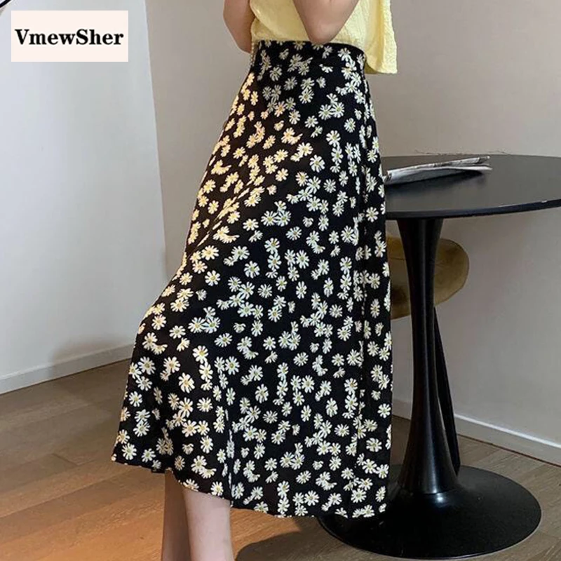 

VmewSher Spring Summer Women Chiffon Skirt Daisy Floral Print Female Casual Knee Length Black Skirts Elastic High Waist Elegant