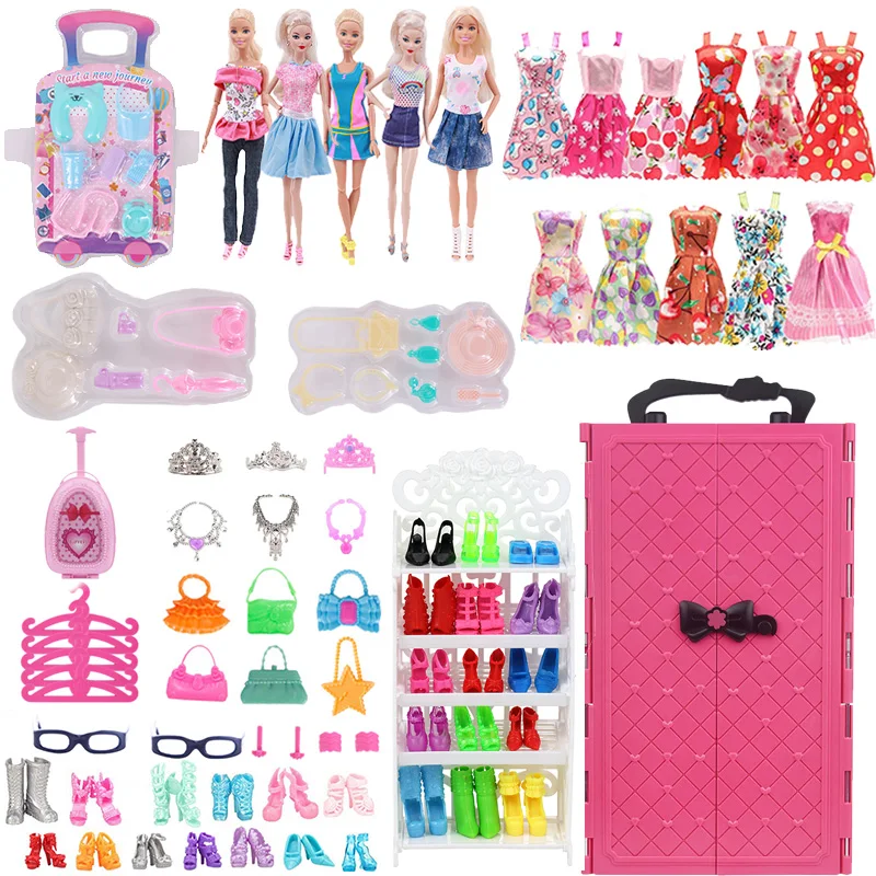 72 Pcs/Set Barbiees Doll Clothes Accessories=Wardrobe Shoe Rack Suitcase Clothes Hangers Shoes Random Bag glasses
