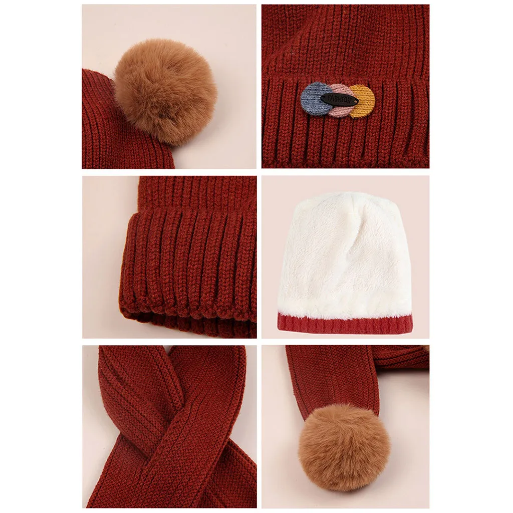 Зимняя модная повседневная детская шапка для маленьких девочек и мальчиков, вязаная шапка, сохраняющая тепло шарф, однотонная детская шляпа из шерсти с принтом, комплект из двух предметов