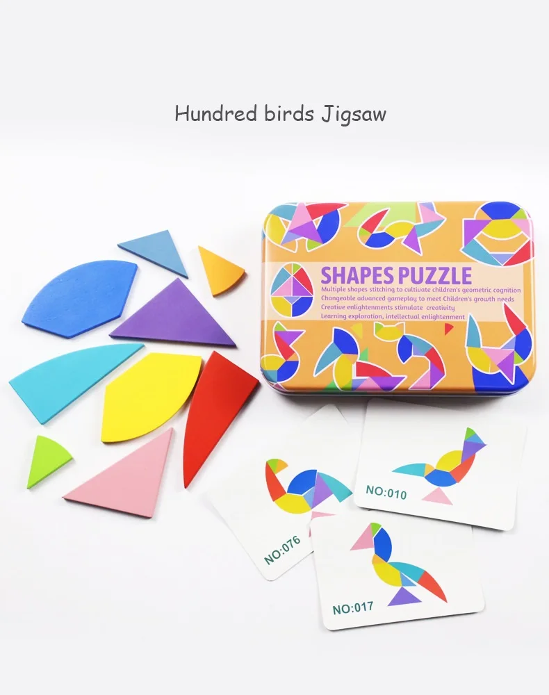 Специальные формы птица 9 штук деревянные Tangram головоломки игрушки Обучающие головоломки Когнитивное раннее образование 50 введение карты железный ящик