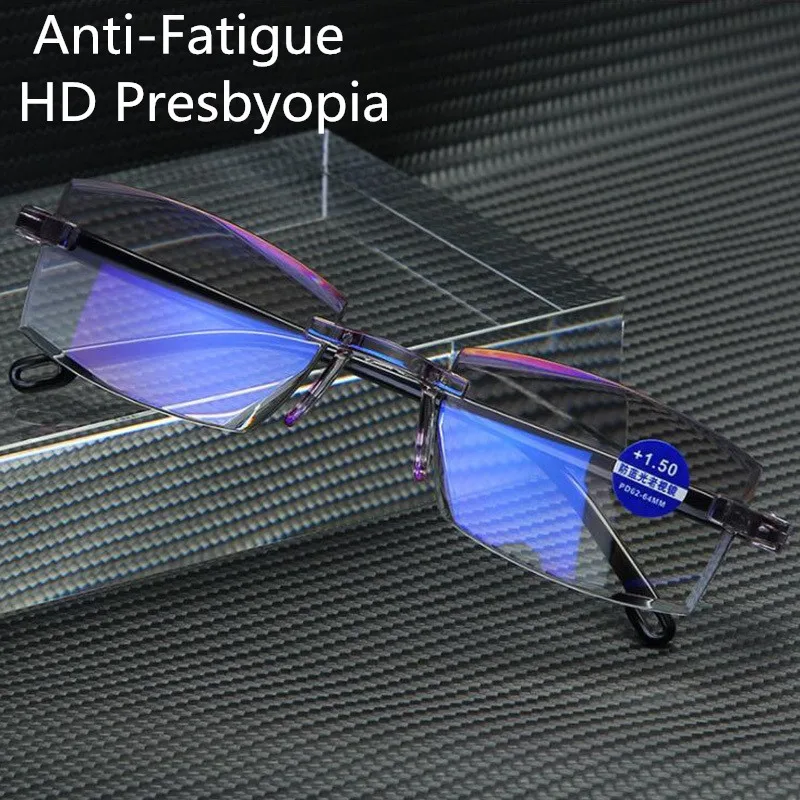 2021 Anti Blue Light Blocking Rimless Square Reading Reading Glasses Women Men Anti-Fatigue Presbyopia Anti-Fatigue Glasses