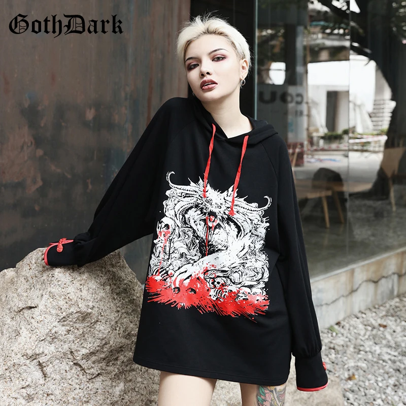 Goth Dark Print Loose Grunge Punk Gothic Sweatshirt Harajuku Autumn Hoodies Longsleeve Aesthetic Strap Fashion Patchwork