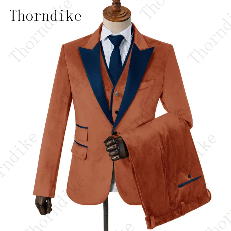 Thorndike Brown Velvet Suit Men Latest Design One Button Blazer Dinner Prom Wedding Tuxedos Peaked Lapel Formal Night Men's Suit