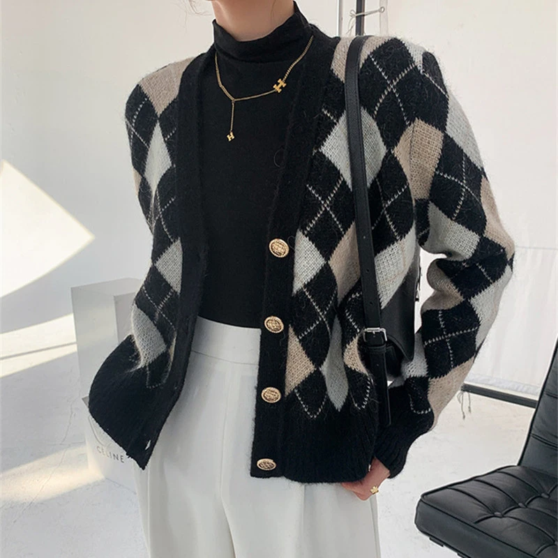 Invierno Chaqueta cárdigan de punto a cuadros para mujer Gris Invierno Chaqueta cárdigan de punto a cuadros para mujer Gris