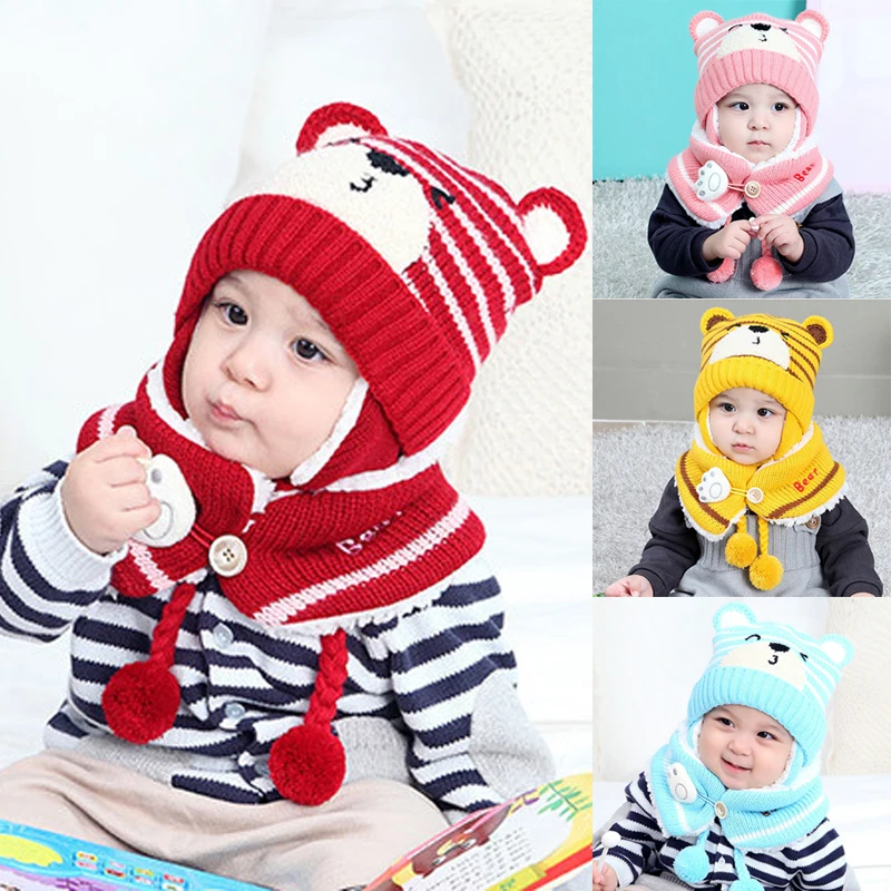 

2 pcs Kids Winter Hat Scarf Set Girls Boys Warm Caps Children Baby Bonnet Infant Cartton Cute Beanies Photograph Props
