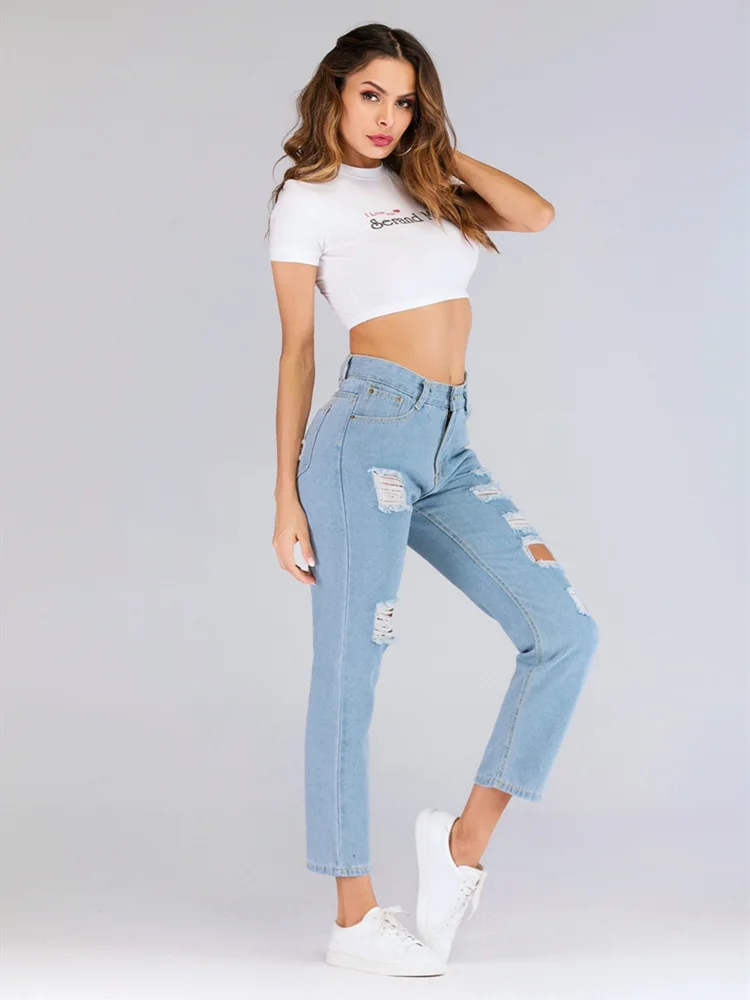 

High Waist Jeans Woman 2019 Mom Ripped Big Push Up Pants Stretch Hollow Out Blue Boyfriend Baggy Loose Streetwear Ladies 0141