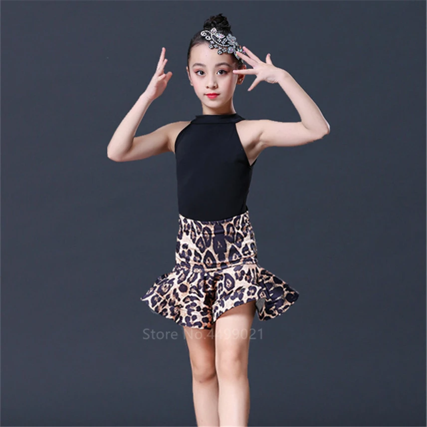 Tanie Leopard Print dziewczyny Latin Dance sukienka z frędzlami dla dzieci do tańca towarzyskiego Party wieczór etap wydajność odzież Top + spódnica zestaw