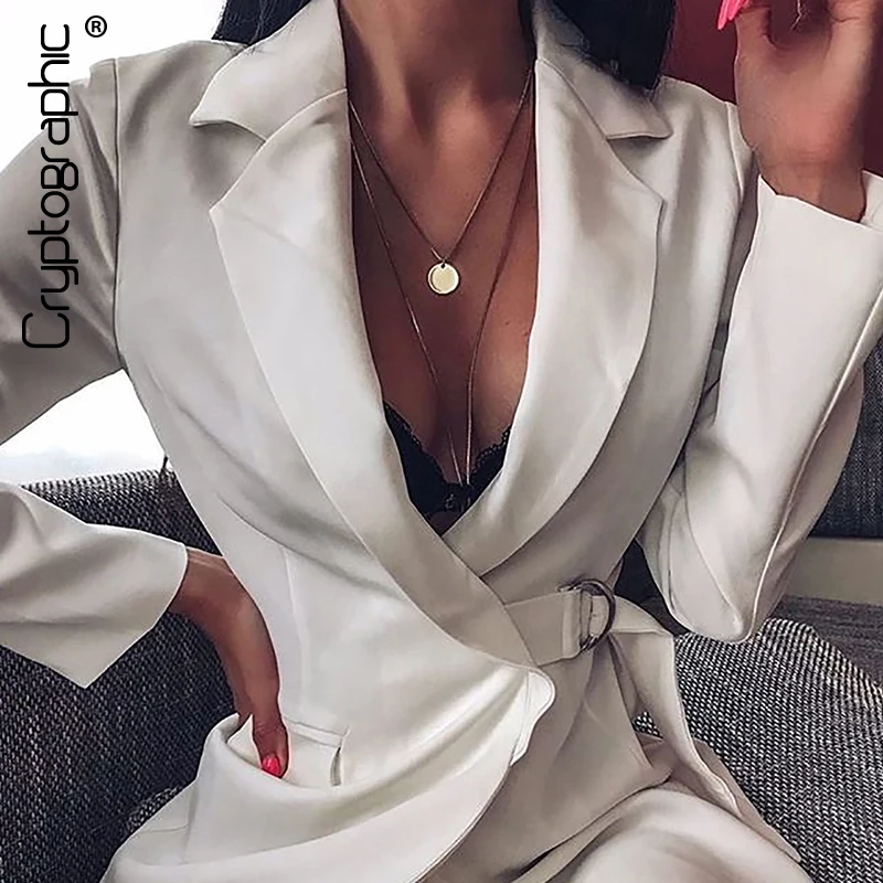 

Cryptographic Solid Fashion Casual Deep V Long Female Blazers Notched Sashes Single Breasted Coats Blazer Feminino 2019 Autumn